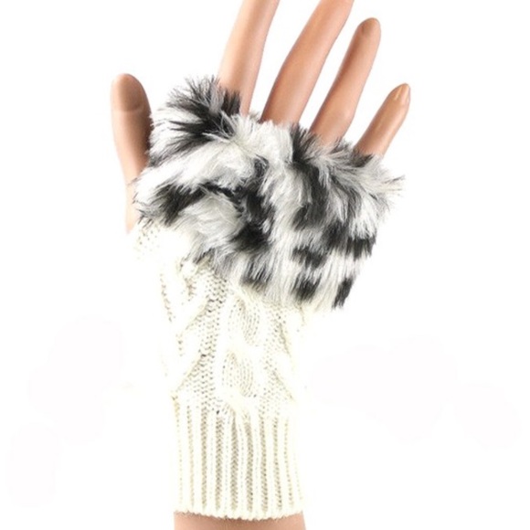 Leopard Faux Fur Trim Arm Warmer Fingerless Gloves - Picture 4 of 4